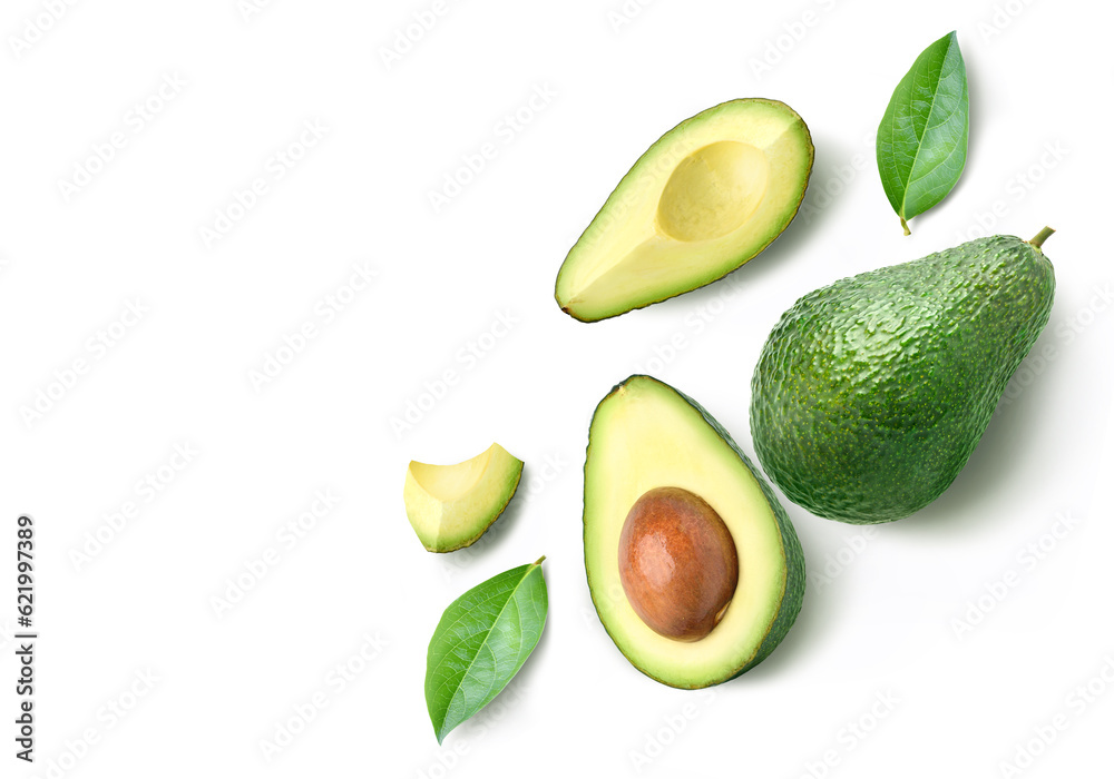 Flat lay of Avocado with cut in half isolated on white background.