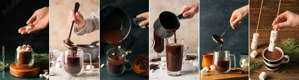 Collection of woman making hot chocolate on table