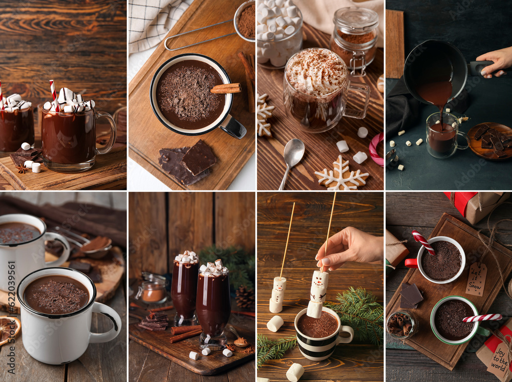 Collage of hot chocolate on table