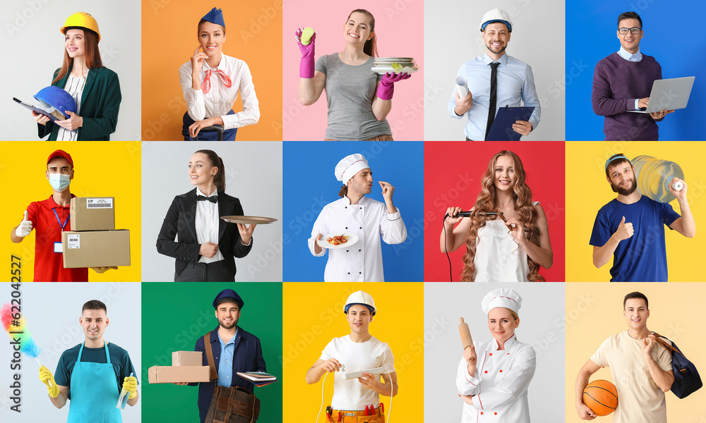 Collection of people of different professions on color background