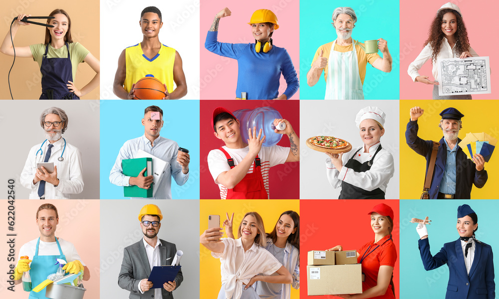 Group of people of different professions on color background