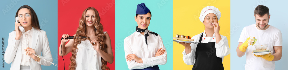 Collage of people of different professions on color background