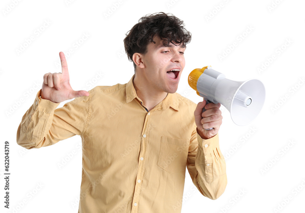 Young man with megaphone showing loser gesture on white background