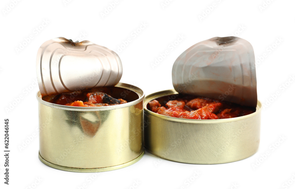 Opened tin cans with fish in tomato sauce isolated on white background