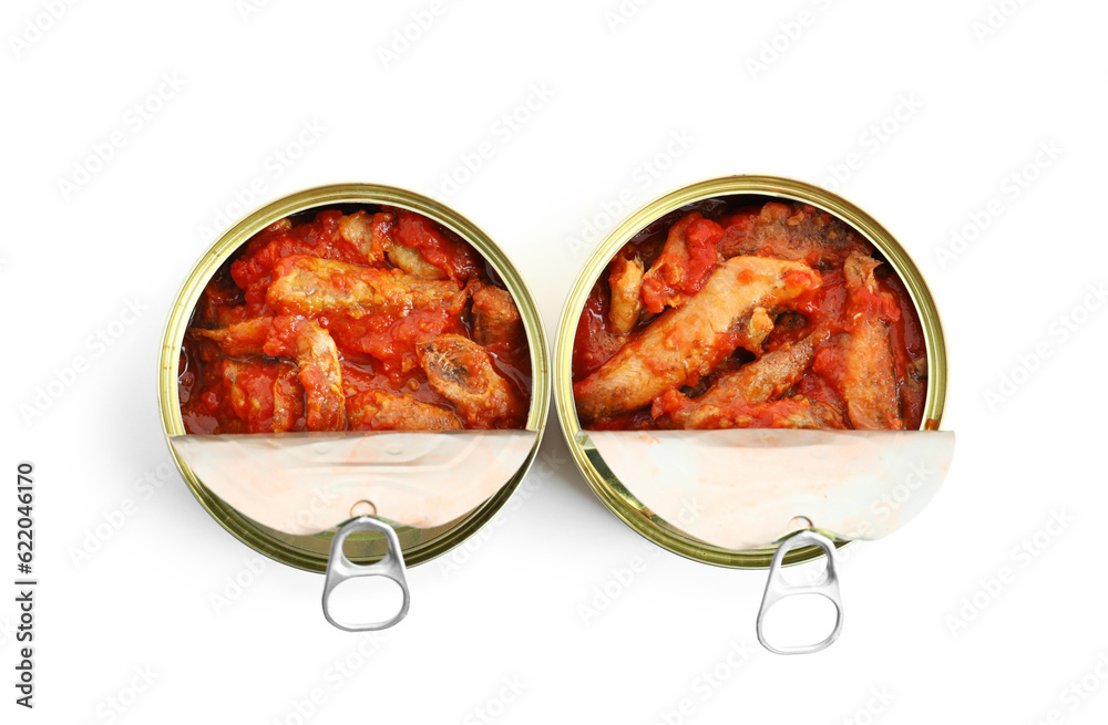 Opened tin cans with fish in tomato sauce isolated on white background