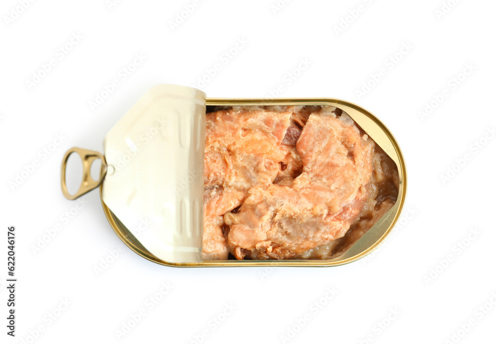 Opened tin can with fish in sauce isolated on white background