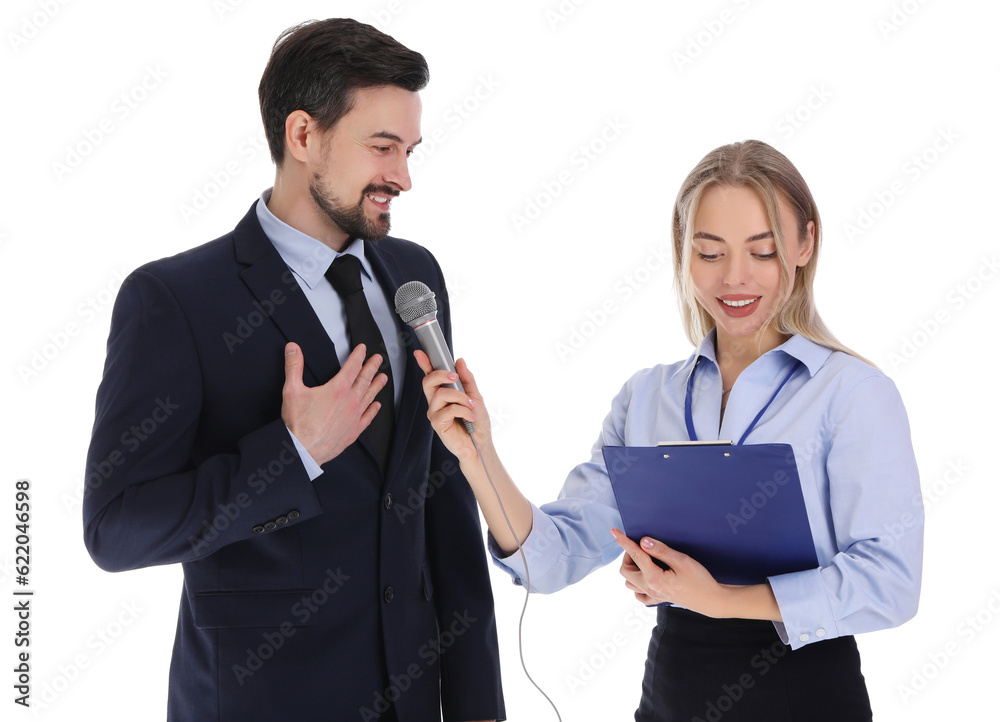 Female journalist with microphone having an interview with businessman on white background