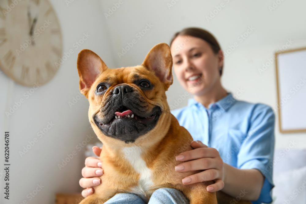 Young woman with cute French bulldog in bedroom, closeup