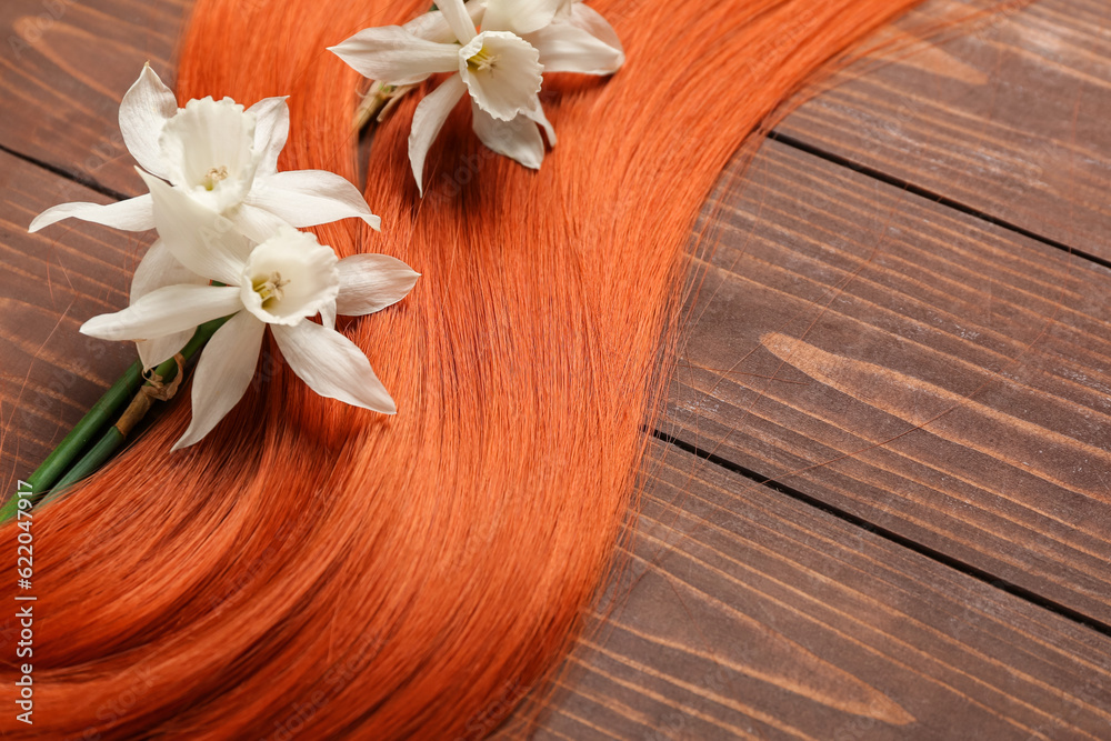 Ginger hair strand with beautiful narcissus flowers on wooden background, closeup