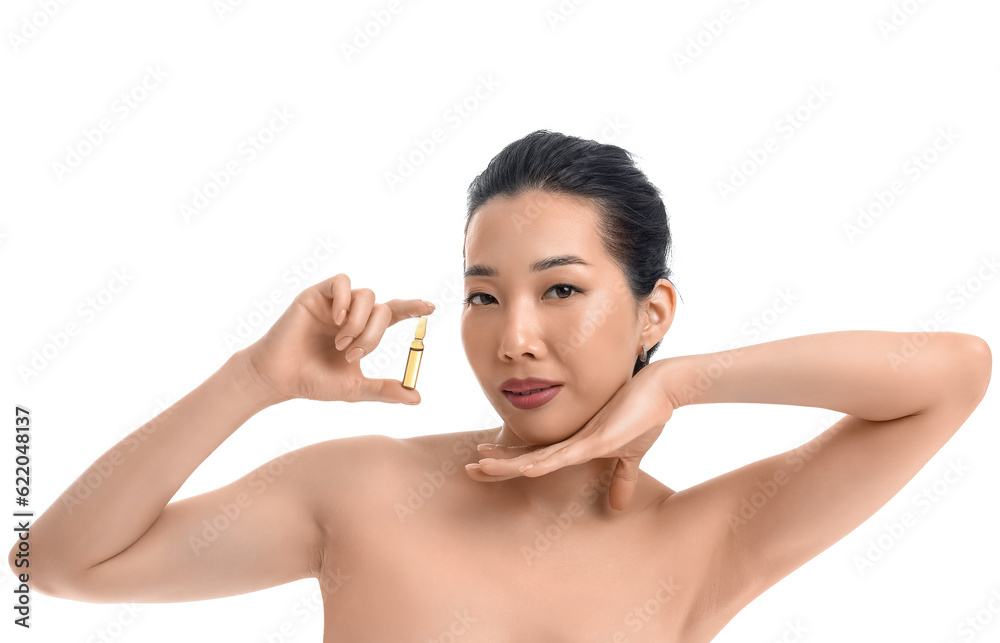 Beautiful Asian woman with ampule on white background. Skin care concept