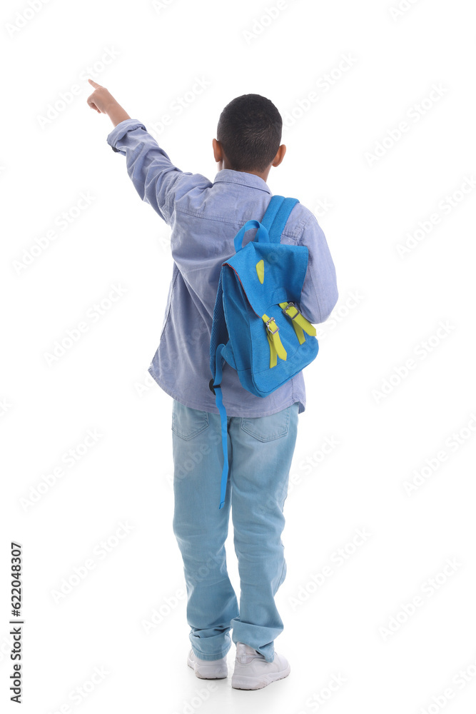 Little African-American schoolboy with backpack pointing at something on white background, back view