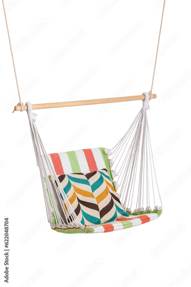 Cozy striped hammock with cushion isolated on white background