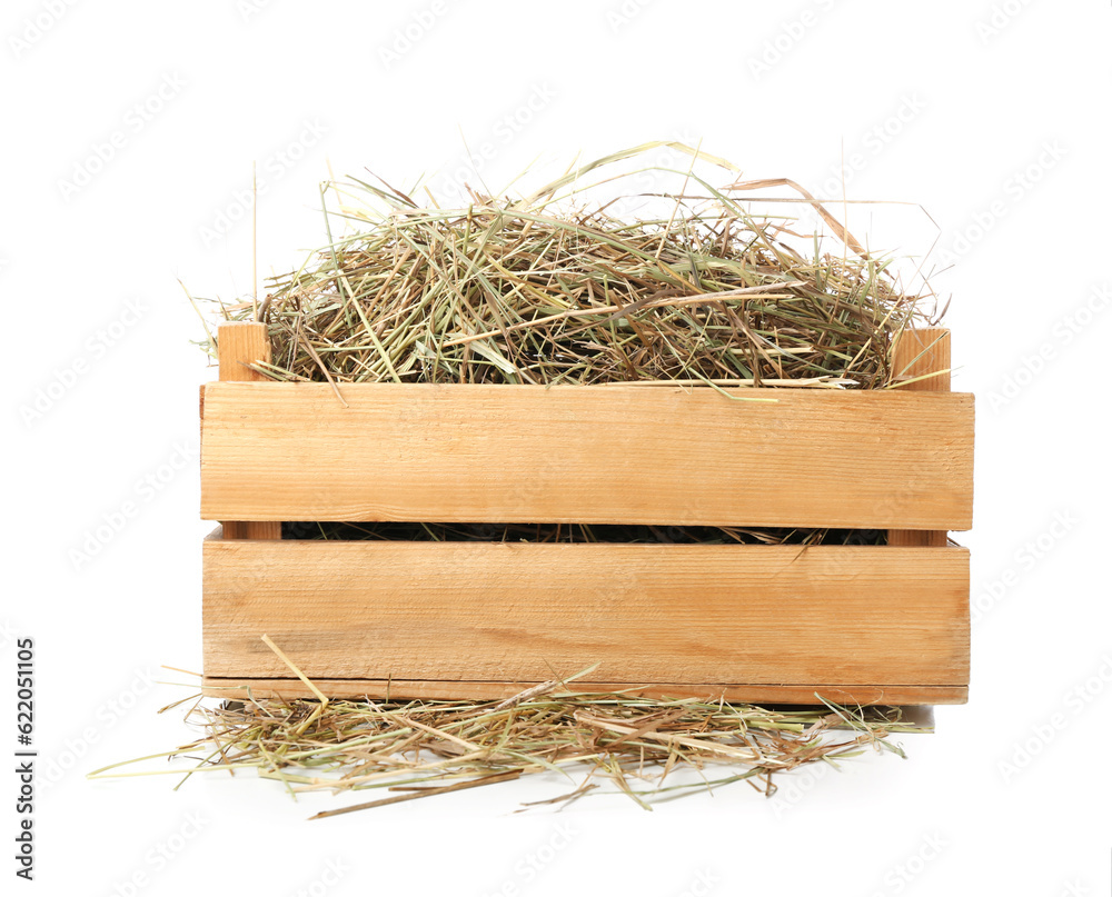 Straw in crate on white background