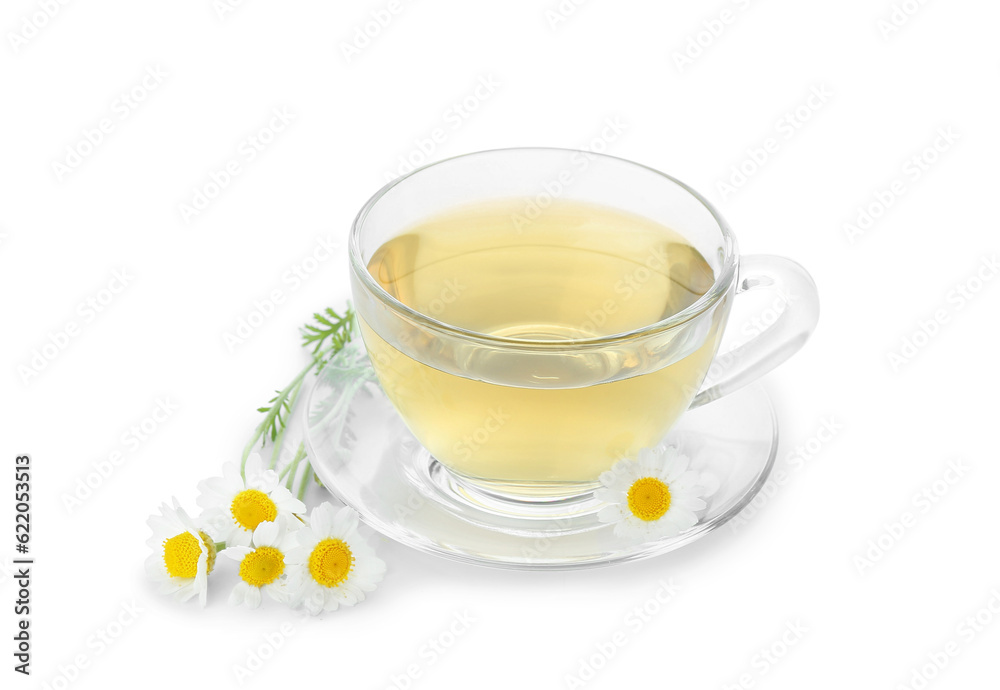 Cup of hot chamomile tea isolated on white background