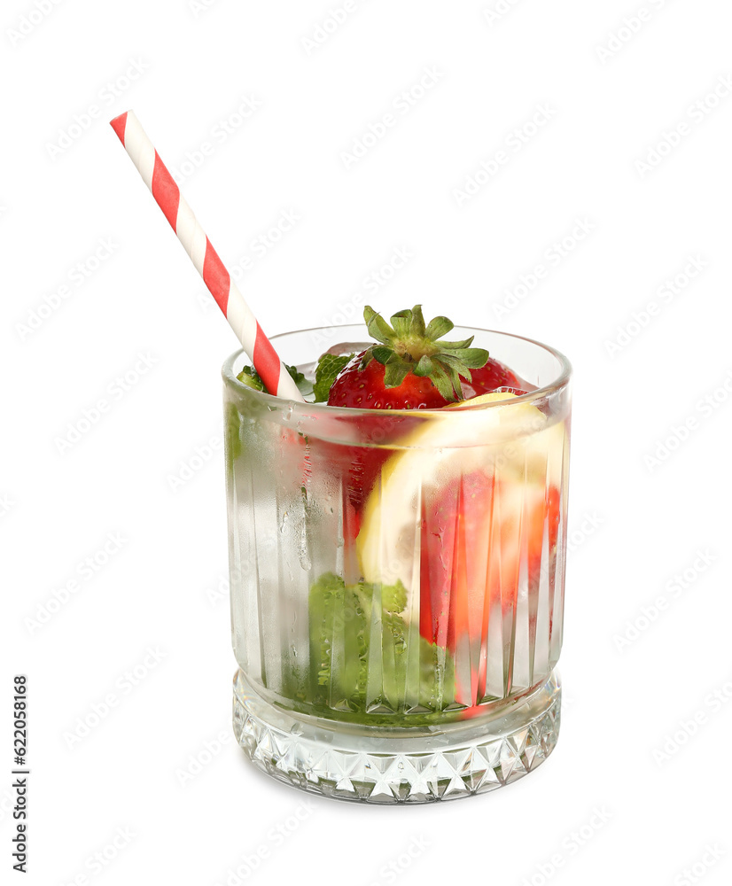 Glass of fresh lemonade with strawberry and lemon on white background