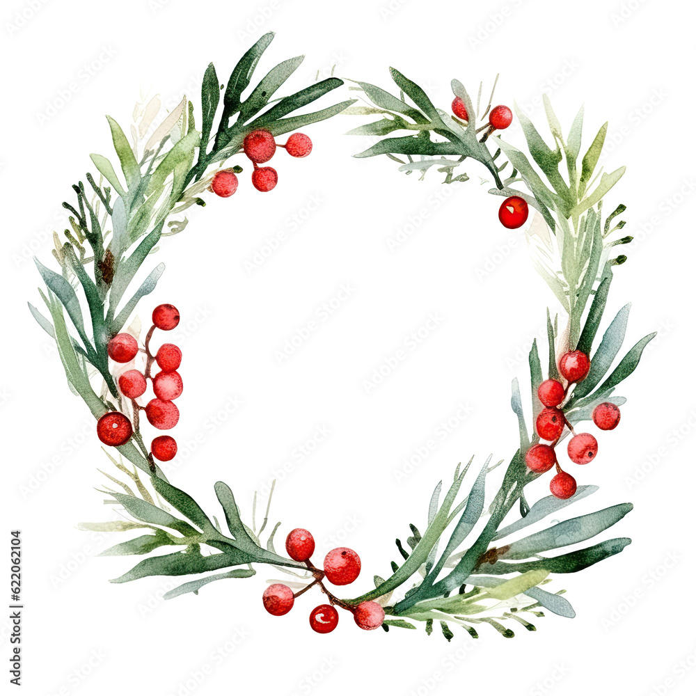 Watercolor Christmas Wreath. Illustration AI Generative