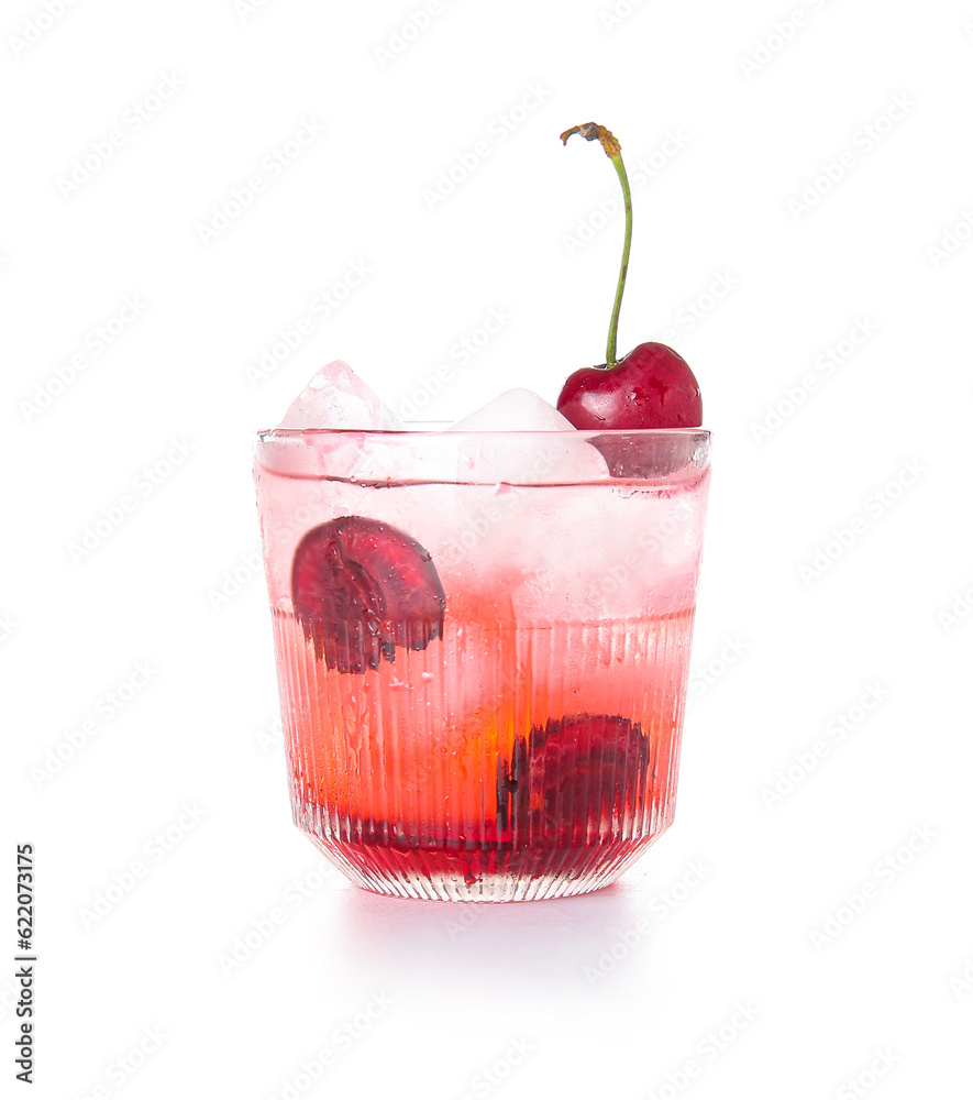 Glass of tasty cherry lemonade on white background