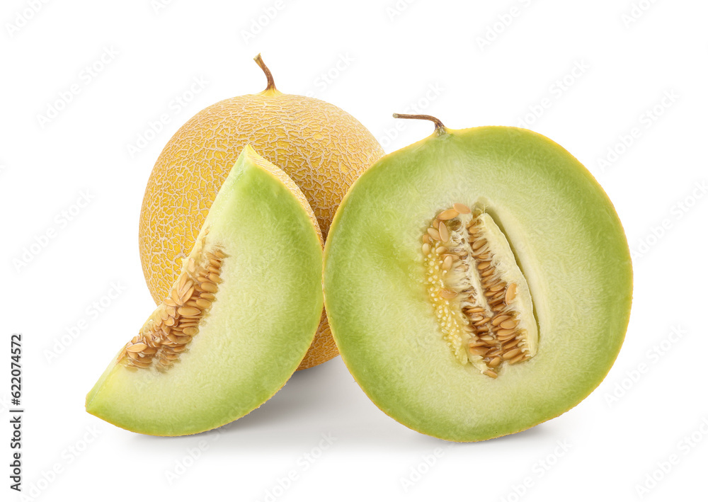 Half of sweet melon with piece on white background