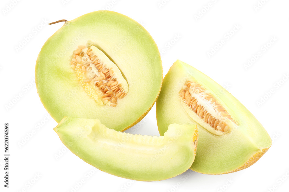 Half of sweet melon with pieces on white background