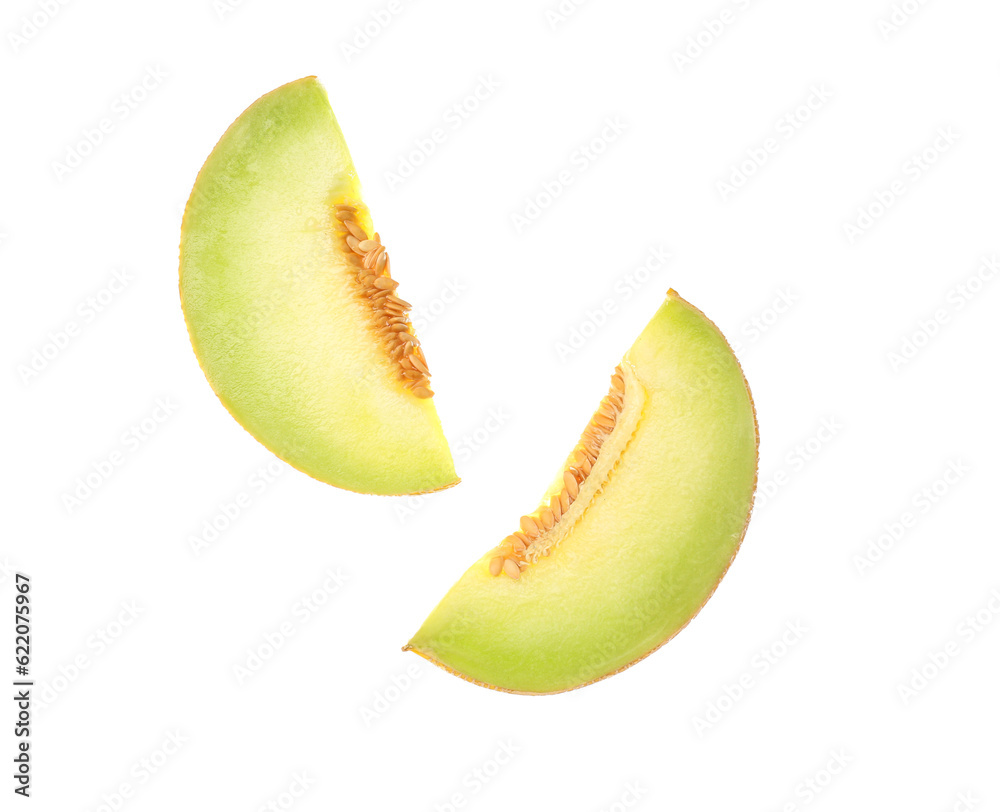 Pieces of sweet melon on white background