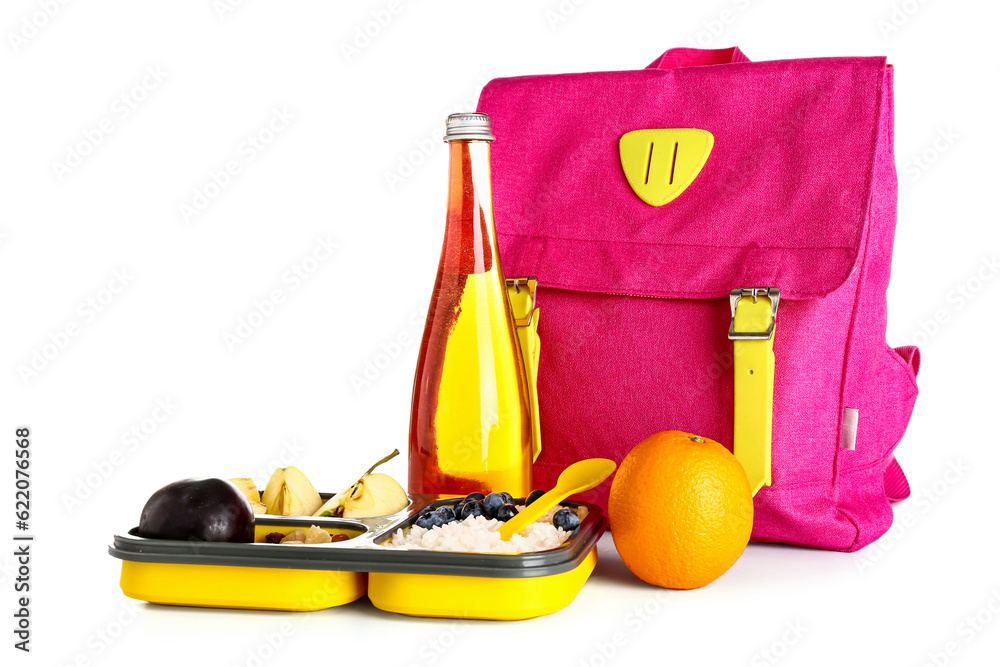 Backpack, drink and lunchbox with tasty food isolated on white background