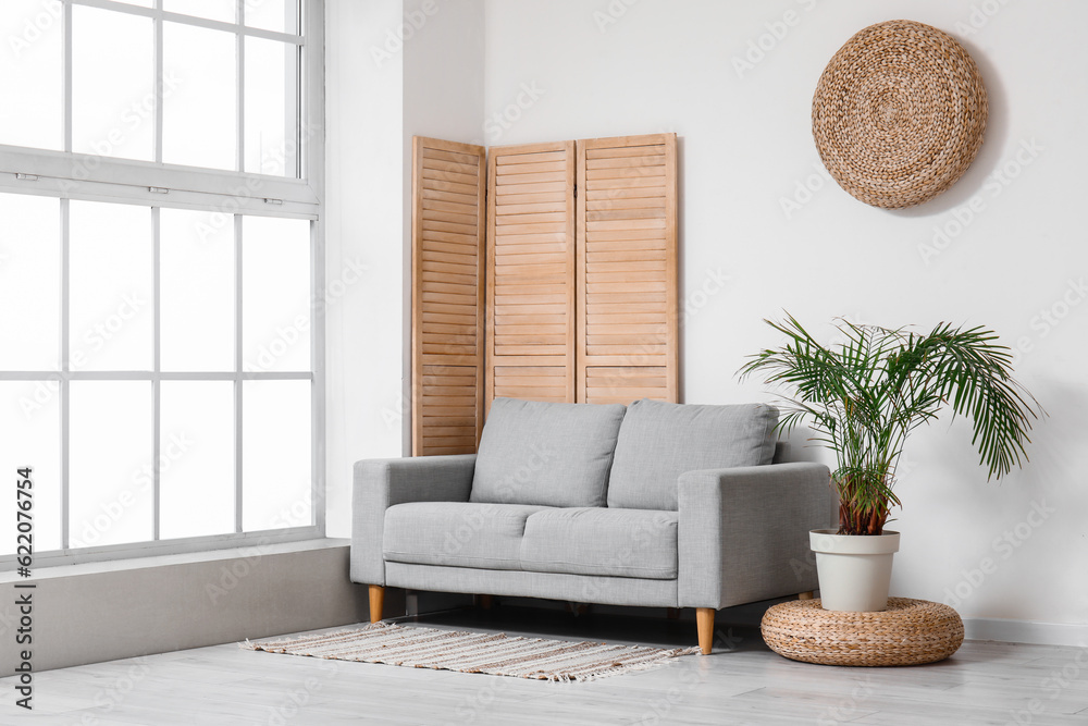 Stylish grey sofa, folding screen and houseplant near window in living room