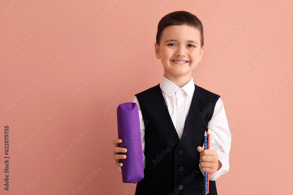 Cute little schoolboy with pencil case on color background