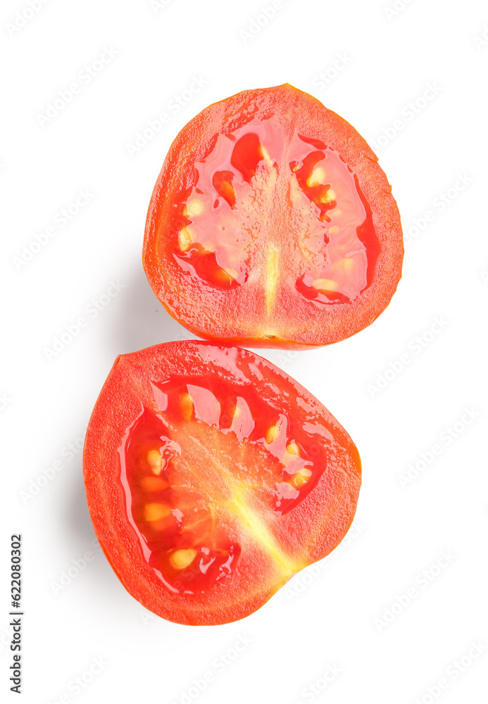 Halves of fresh cherry tomato on white background