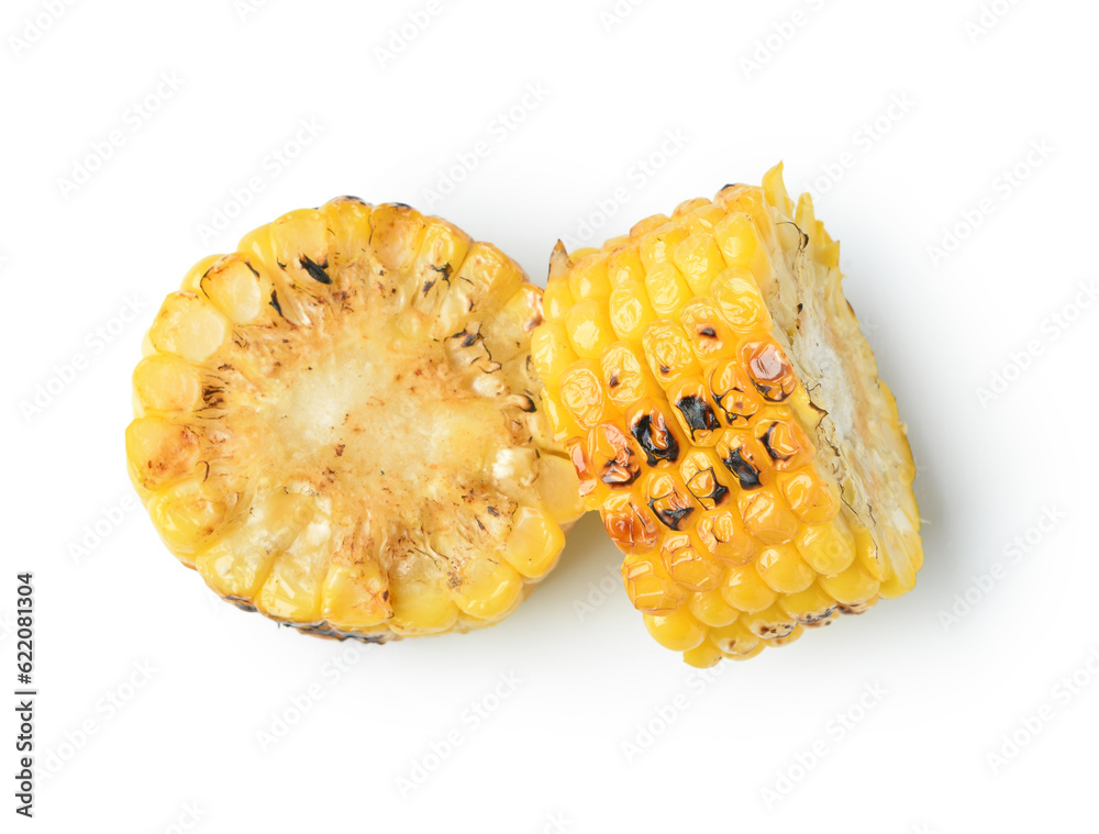 Cut tasty grilled corn cob on white background