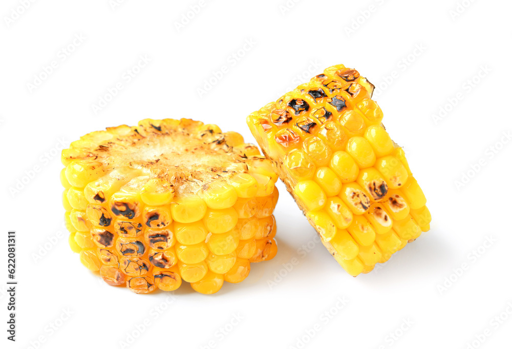 Cut tasty grilled corn cob on white background