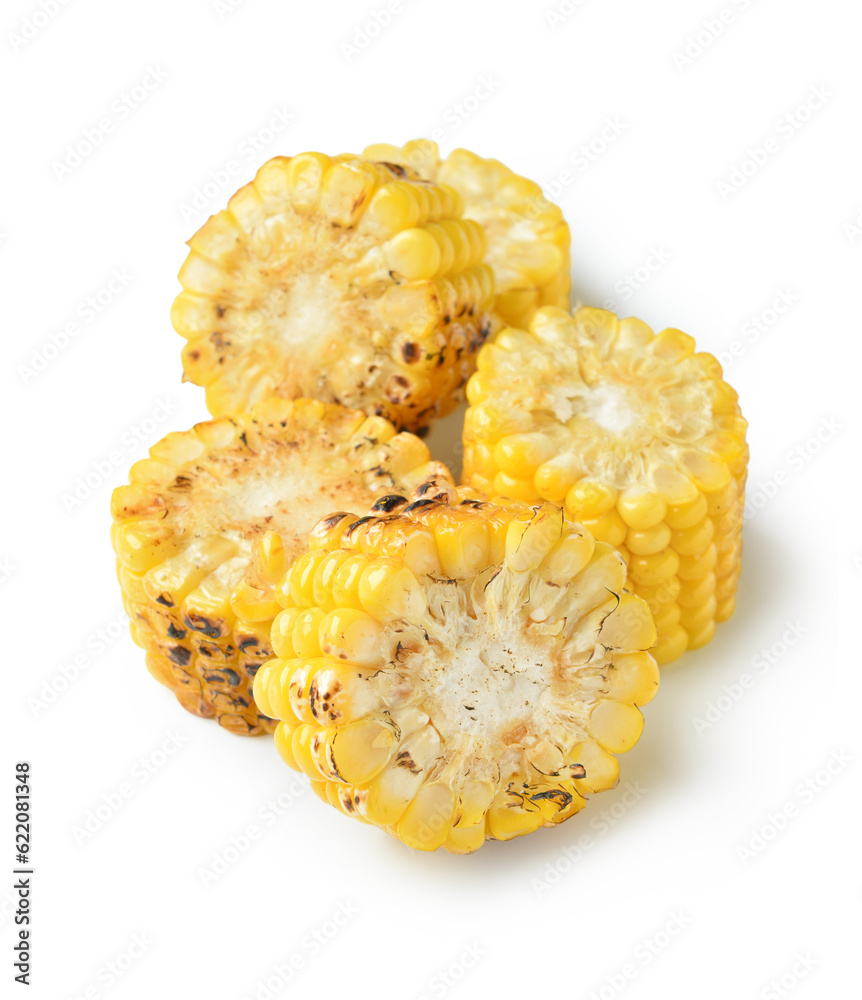 Cut tasty grilled corn cob on white background