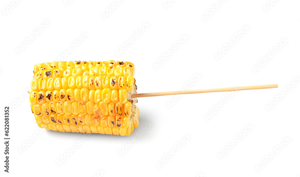 Tasty grilled corn cob skewer on white background