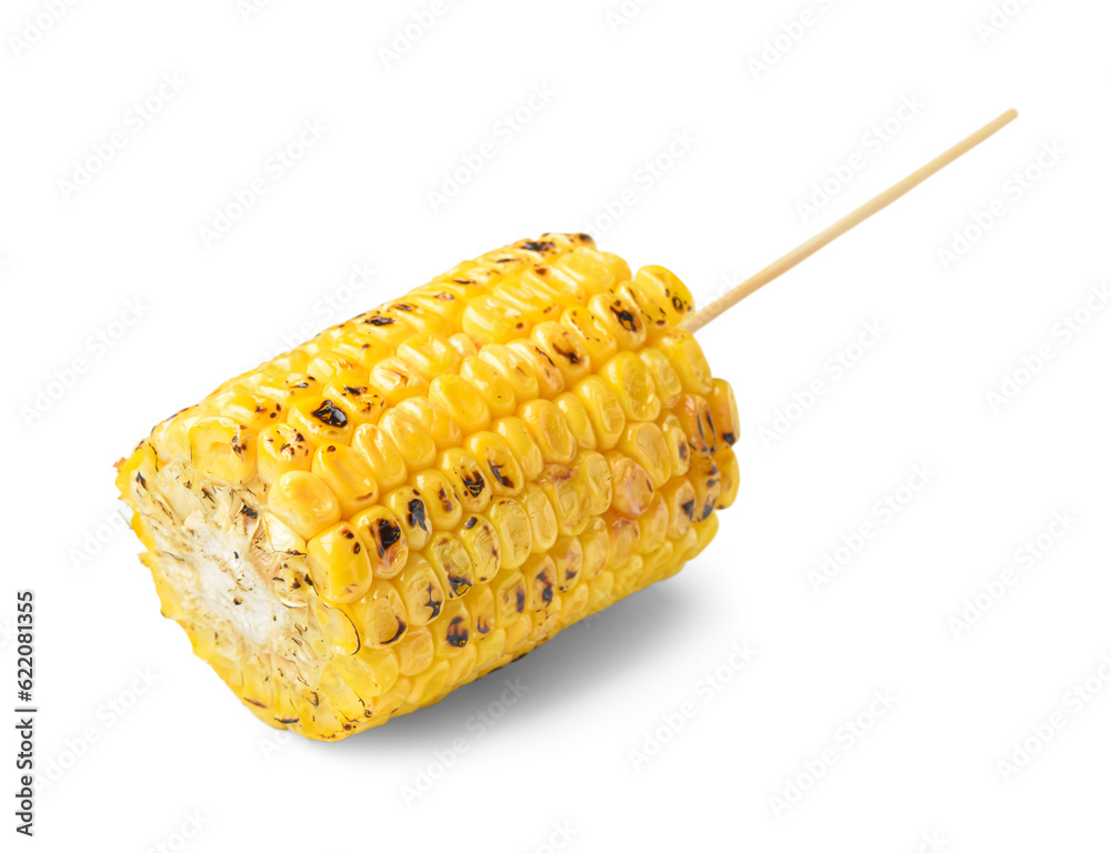 Tasty grilled corn cob skewer on white background