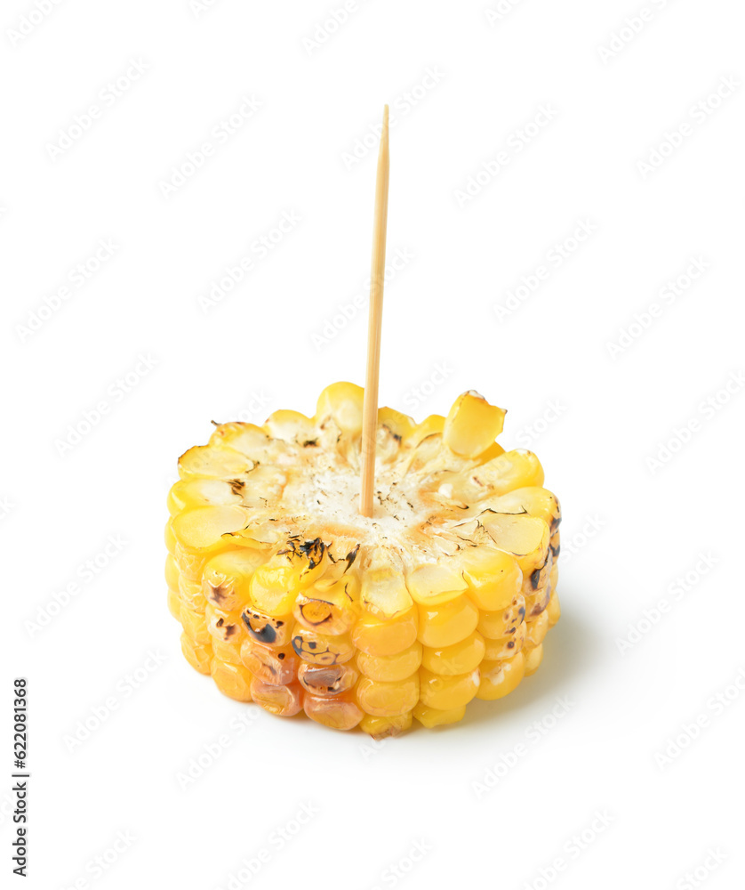 Tasty grilled corn cob skewer on white background