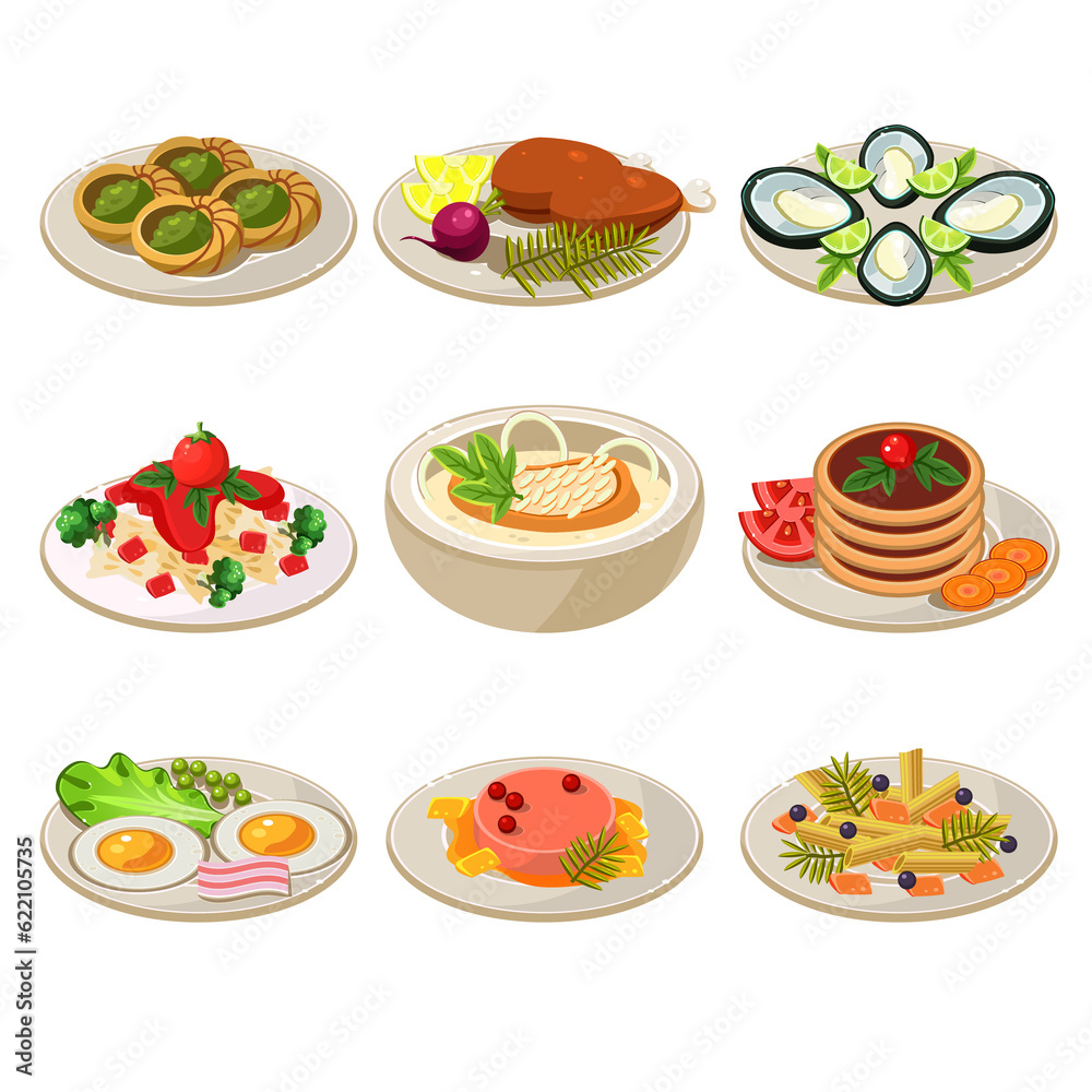 Set of food icons. European lunch. illustration