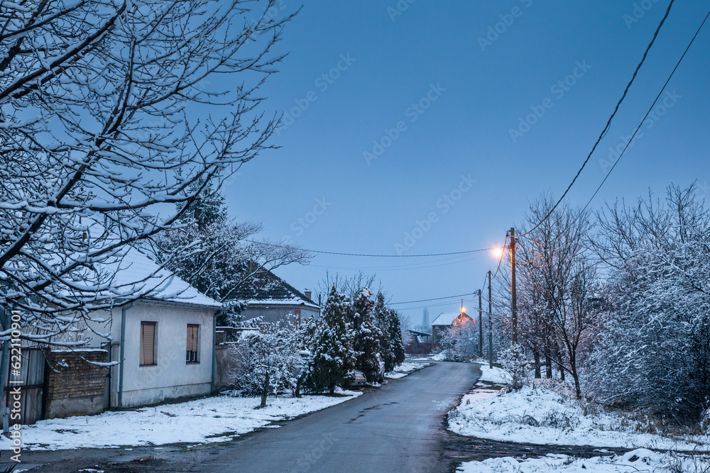 Selective blur on an empty road and street in the village of Bavaniste, in Vojvodina, Banat, Serbia,