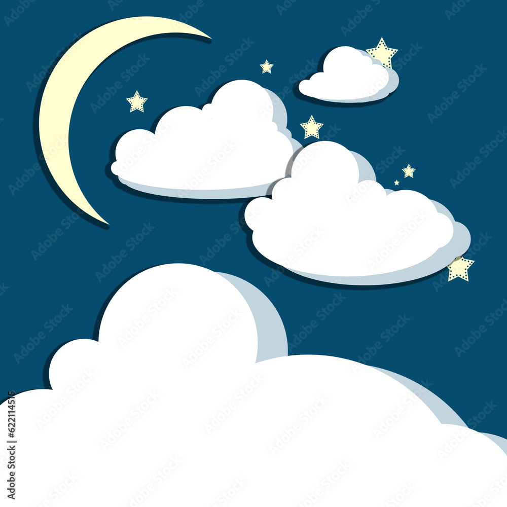 Crescent moon above stars and billowing clouds