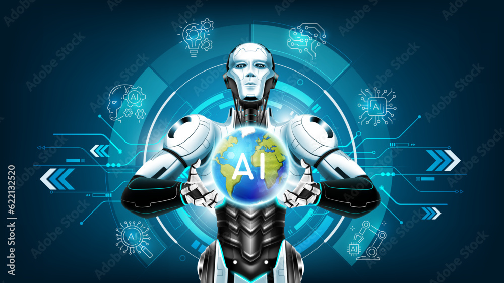 AI Artificial intelligence humanoid holding planet Earth on hand and Ai line icon on technology back