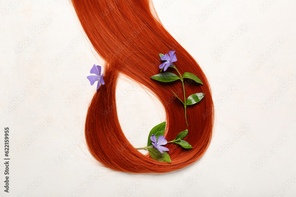 Composition with ginger hair strand and beautiful periwinkle on light background, closeup