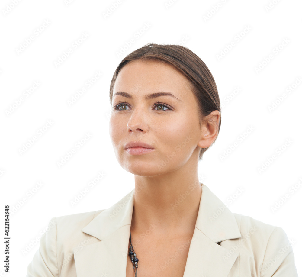 Business, woman and vision with thinking for career in png or isolated and transparent background. S