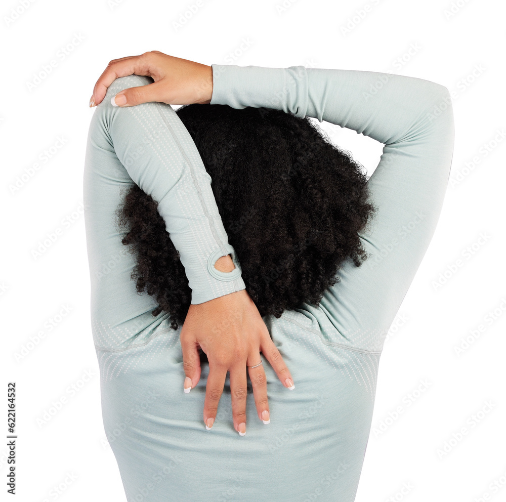 Stretching, arms and back of a woman for fitness isolated on a transparent, png background. Training