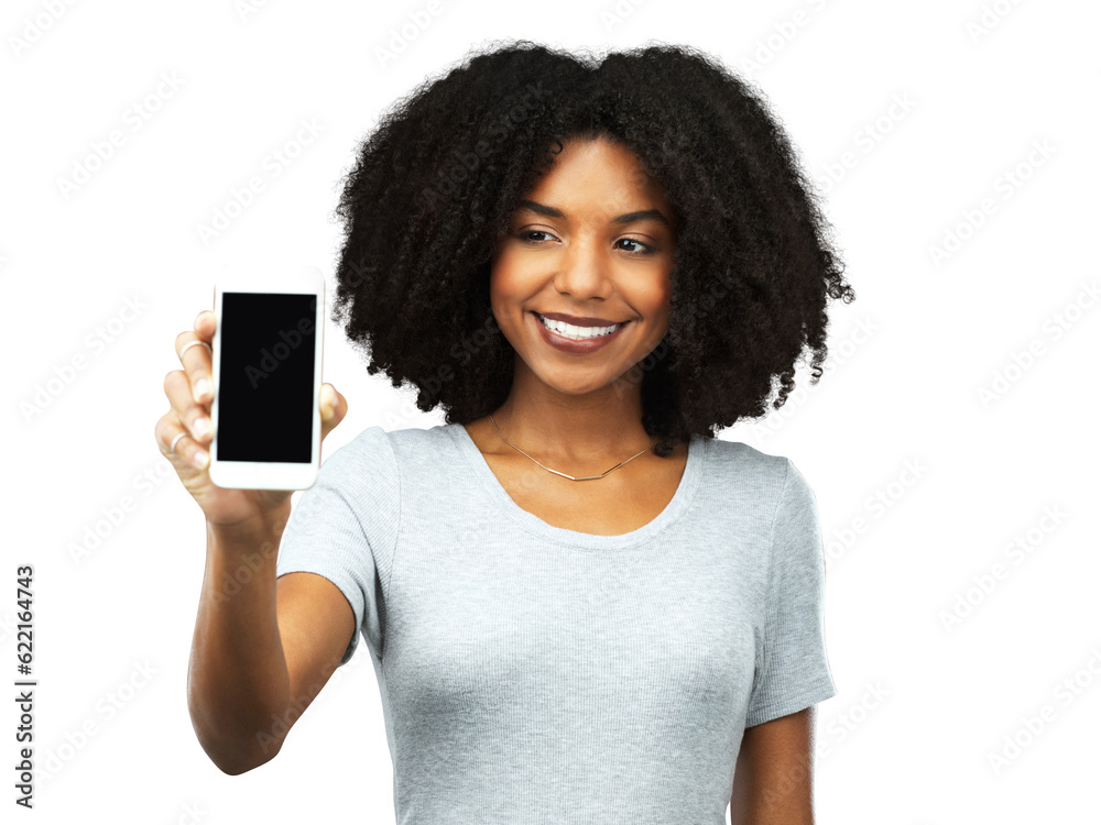 Phone screen, app and smile with a black woman isolated on a transparent background showing a mockup