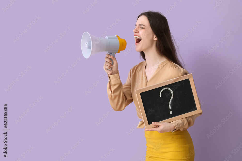 Female teacher with chalkboard shouting into megaphone on lilac background