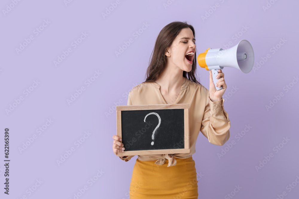 Female teacher with chalkboard shouting into megaphone on lilac background