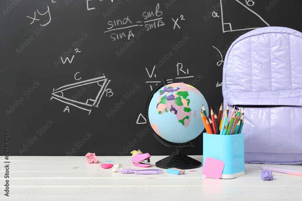 Backpack, stationery and globe on white table against green chalkboard with formulas