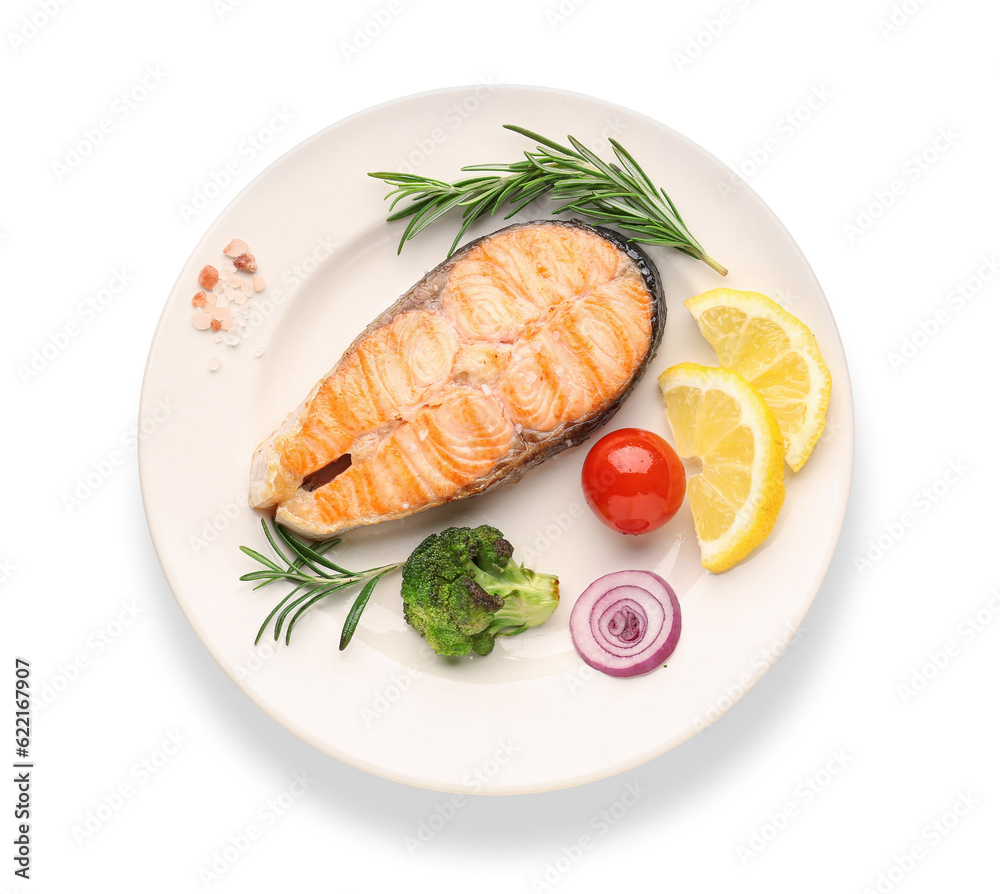 Plate with tasty grilled salmon steak on white background