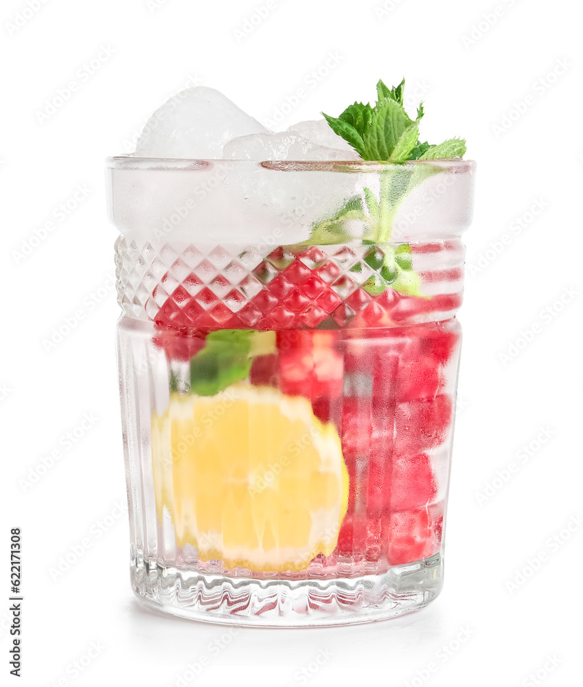 Glass of fresh raspberry lemonade with mint on white background