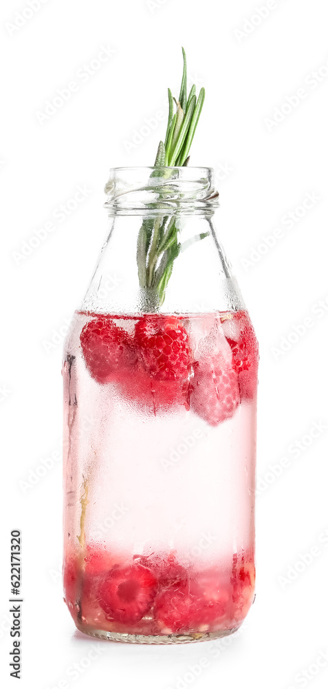 Bottle of fresh raspberry lemonade with rosemary on white background