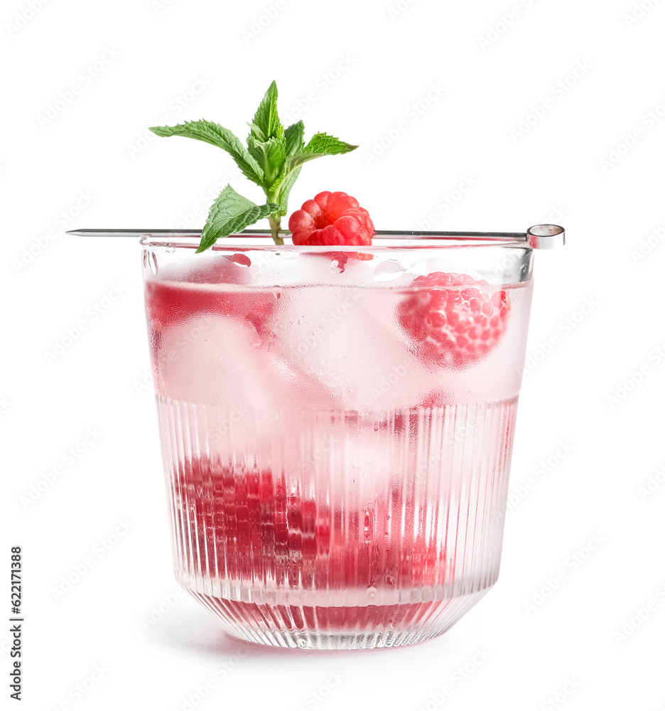 Glass of fresh raspberry lemonade with mint on white background