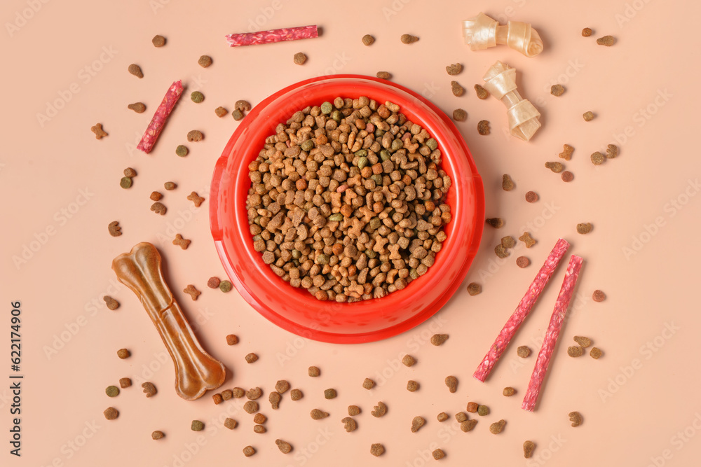 Composition with bowl of dry dog food and different treats on color background